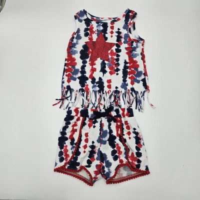 Red White Blue Girls 2T Tank Fringe Pom Pom Hem Line Shorts Outfit Tie Dye 4th - Image 1 of 4