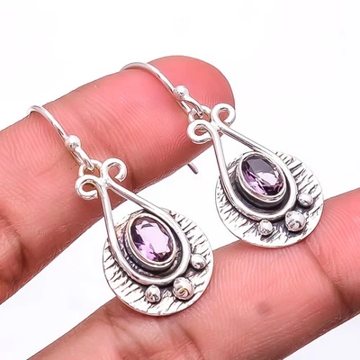 粉色紫水晶设计师 925 纯银耳环 1.56 英寸圣诞礼物 E2302 — 第 1/4 张图片