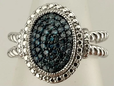 JS AFFINITY 925 STERLING SILVER BLUE PAVE DIAMOND DOUBLE BAND SIZE 8 RING K442B - Image 1 of 4