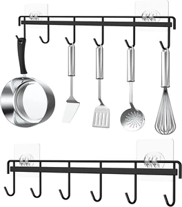 Adhesive Kitchen Hooks Utensil Hanger Holder Hanging Rack 2 Pack, Hanging Rack W - Picture 1 of 12