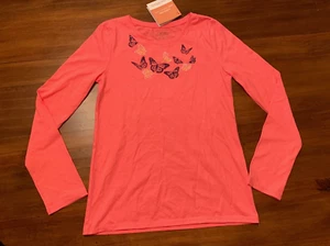 Garnet Hill Girls XL (12 - 14) / Organic Cotton Long Sleeve Butterflies Tee Pink - Picture 1 of 4