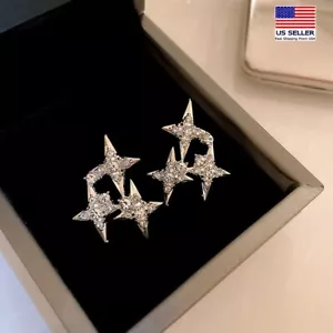 Gorgeous Women 925 Silver Earrings Crystal Bling Oversized Star Tassel Stud 1576 - Picture 1 of 6
