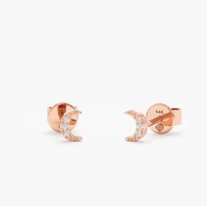 14k Solid Rose Gold Natural Diamond Small Crescent Mini Moon Studs - Picture 1 of 12
