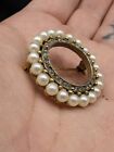 Pearl and Rhinestone Wreath Brooch Vintage Crystal and Faux Pearl Gold Plate VTG