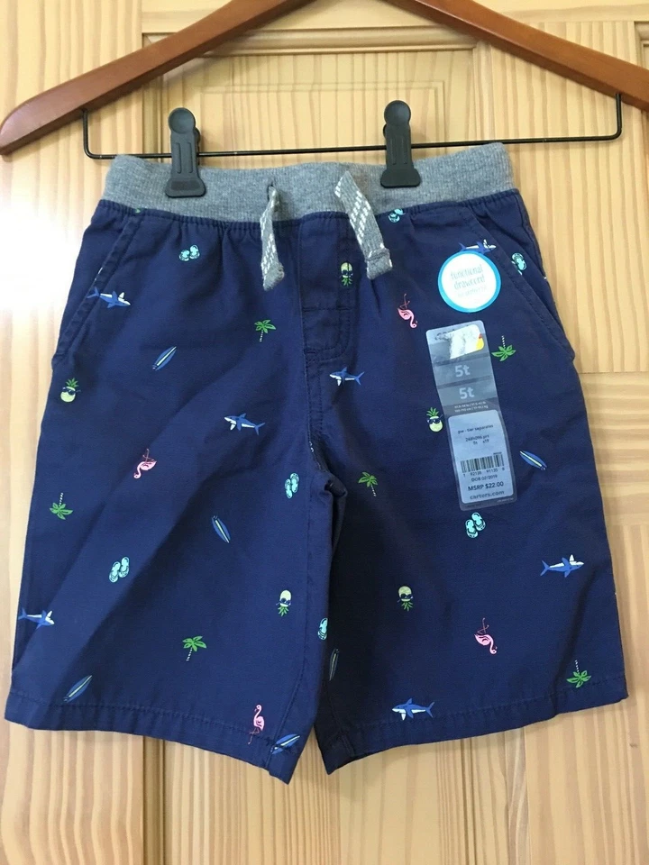 New Carter's Boy Sharks Flamingo Navy Blue Pull-On Shorts 5T,4/5,6,7,8,10/12,14 - Image 1 of 1