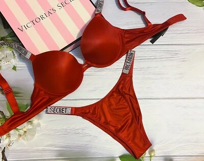 Victoria’s Secret Sexy Shine Strap Push Up Bra Brazilian Panty Set Smooth Red - Image 1 of 4