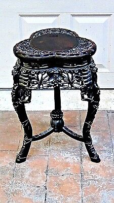 Antique Chinese Rosewood Plant Stand W/relief Carved Bat Motif,dragon Leg Legs • 765£