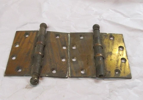 PAIR VINTAGE BRASS  HEAVY DUTY CANNONBALL TIP DOOR HINGES 4.5" X 4.5" Cover