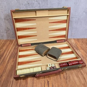 Vintage Backgammon Set Brown Case Complete Leather Panels/Board - Picture 1 of 15