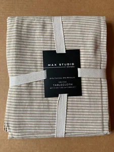 Max Studio Gold Beige Striped Cotton Metallic Tablecloth Christmas 60 x 104" New - Picture 1 of 5