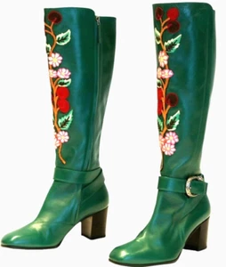 Gucci Dionysus Green Leather Embordered Leather Tall Boots US 6.5 Italy 37.5 - Picture 1 of 10