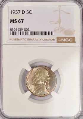 1957 D TONED Jefferson Nickel NGC MS 67 Gem Toning Coin 5C - Image 1 of 4