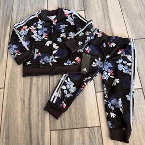 Girls Adidas Black Floral Tracksuit Pants Jacket Set Size 24 Months - Picture 1 of 7