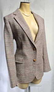 Vtg Custom Harris Tweed Lands End Womens Wool Jacket Coat Leather Buttons Sz 36 - Picture 1 of 23