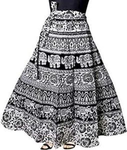 Traditional Print Cotton Wrap Around Round Skirt Color Black Free Size For Women - Picture 1 of 5