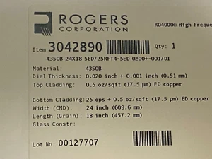Rogers R04350B 0.020 Large Copper Laminate Sheet 24” x 18” Double Sided - Picture 1 of 5