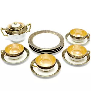 Noritake Morimura Lusterware Dessert Tea Set Black Band w Gold Floral 14 Piece - Picture 1 of 12