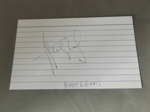 5" x 3" LINED INDEX CARD HAND SIGNED BY HUEY LEWIS - SINGER Cover