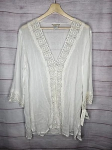 La Blanca Resort Wear Women's White Crochet Lace Trim Tunic Size Large - Picture 1 of 4