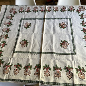 Christmas Holiday Winter Season Tablecloth Gingerbread Cookies Snow Cottage Core