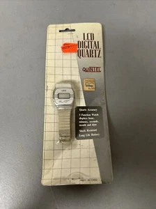 NOS Vtg Quintel Digital Watch Men Silver Tone Square DStretch - Picture 1 of 3