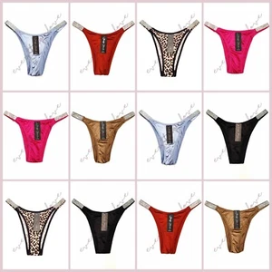 Brilliant Rhinestone Straps Shiny Satin Cheeky Knicker Brazilian Thong Panties - Picture 1 of 22