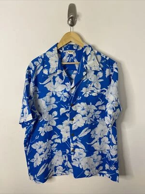Винтажная гавайская мужская рубашка 70-х L с синими пуговицами из гибискуса полиэстер гавайская дискотека - Изображение 1 из 4
