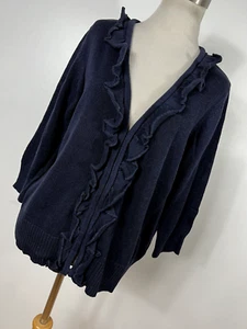 Coldwater Creek XL Cardigan Navy Blue V Neck Ruffle Cotton Blend 3/4 Sleeve C3 - Picture 1 of 6
