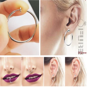 PAIR WOMEN'S NON PIERCING FAKE CLIP ON HOOP EARRINGS LIP NOSE RING GOLD SILVER - Picture 1 of 5