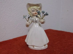 VINTAGE  PORCELAIN  LADY HOLDING FLOWERS  FIGURINE WHITE w/ GOLD ACCENTS - Picture 1 of 6
