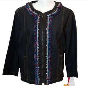 Ruby Rd. Fringed Denim Lightweight Full Zip Jacket - Picture 1 of 8