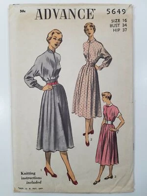 Vtg Advance Pattern 5649 Pleated Dress Knit Collar & Midriff 1940s Sz 16 Bst 34 - Image 1 of 3