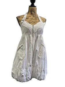 White Short Blouson Dress Cotton River Island UK 12 Halter Neck Bell Like Hem - Picture 1 of 13