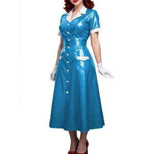 Einreihiges Knopf Slim Fit Revers Kurze Ärmel Taille Cinched A-Linie Kleid - Bild 1 von 16