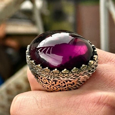 Anillo grande de amatista plateada para hombre, anillo grande estilo otomano para hombre Foto 1 de 4