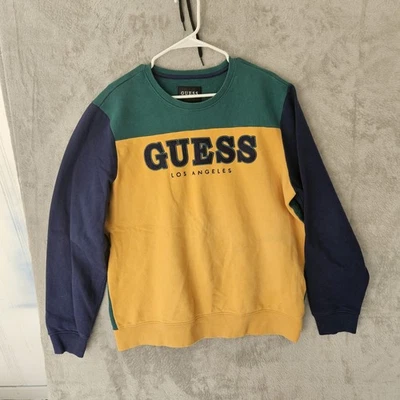 Vintage Guess USA Sweater Large Embroidered Signal Sport Tag Blue Green Yellow  - Image 1 of 4