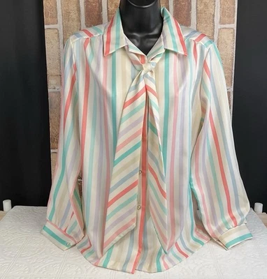 Blusa Corbata Vintage Sharon Lee Informal Rayas Pasteles Años 80’s Retro Secretaria Foto 1 de 4
