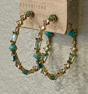 Anthropologie Shades of Seaglass and Turquoise gold metal hoops 1.25" New w/tags - Picture 1 of 6