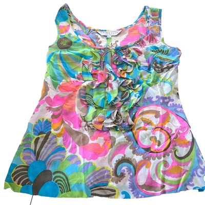 Trina Turk Floral Tunic Camisole Sleeveless Tank Top Shirt Colorful Silk Sz L - Image 1 of 3