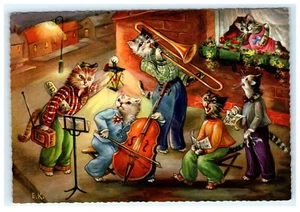 Lot von 5 antropormphischen Katzen Postkarten signiert E.K. Künstler - Bild 1 von 10