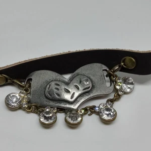 Silver Heart Necklace Rhinestone Leather Choker Snap Closure Fashion Jewelry - Picture 1 of 3