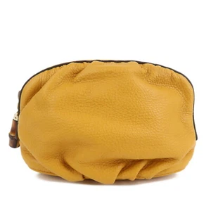 Authentic GUCCI Bamboo Leather Pouch Cosmetic Pouch Mustard 246175 Used F/S - Picture 1 of 12