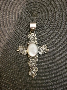 Colgante Vintage Plata Esterlina y Cruz de Perla Estampado México - Imagen 1 de 8