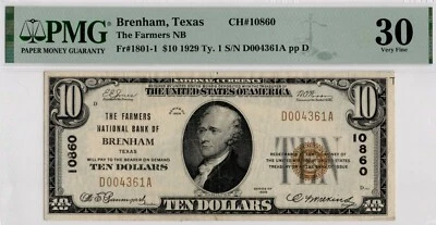 1929 $10 Farmers National Bank Brenham Texas Banknote PMG VF30 - CH # 10860 - Image 1 of 2