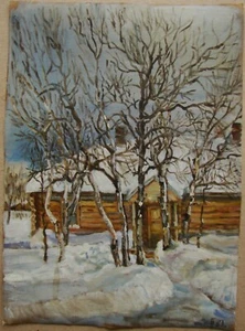 Ukrainian Soviet USSR Oil Painting impressionism realism wooden hut winter snow - Picture 1 of 5