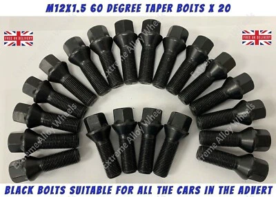 Black Wheel Bolts Fits Vauxhall Adan Astra Corsa M12x1.5 26mm Threads Alloy - Image 1 of 2