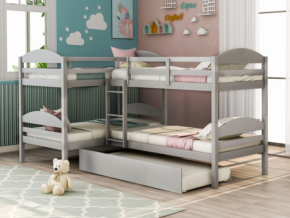 Twin L-Shaped Bunk bed with Trundle-Gray（OLD SKU:LP000024AAE)