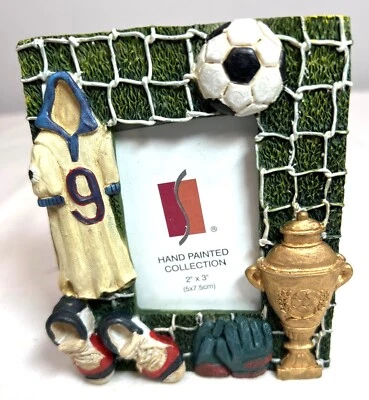 Kids Soccer Themed Picture Frame 2”x3” Photo Fit. Hand Painted - Image 1 of 3