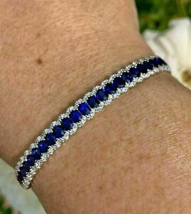 12Ct Oval Cut Blue Sapphire & Diamond 7-7.5" Tennis Bracelet 14K White Gold Over