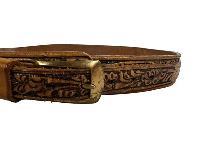 Cinto Justin Feminino Antigo 36 Couro Tooled Couro de Vaca Marrom Detalhado EUA - Imagem 1 de 4
